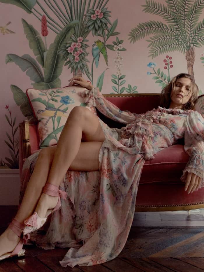 Arizona Muse wearing the Aquazzura for de Gournay embroidered flats with Gucci’s hydrangea-print silk-chiffon gown