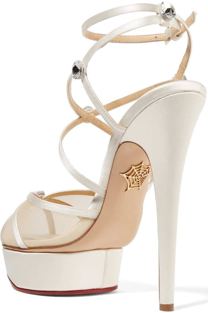 Charlotte Olympia “Isadora” Embellished Satin and Mesh Sandals