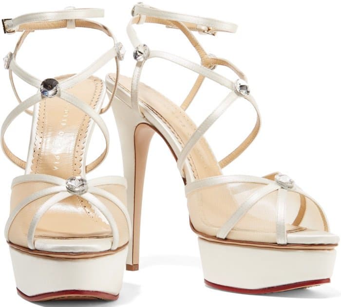 Charlotte Olympia “Isadora” Embellished Satin and Mesh Sandals