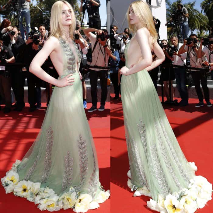 Elle Fanning wearing a Gucci fall 2017 gown and Brian Atwood shoes at the 70th Cannes Film Festival "How to Talk to Girls at Parties" premiere
