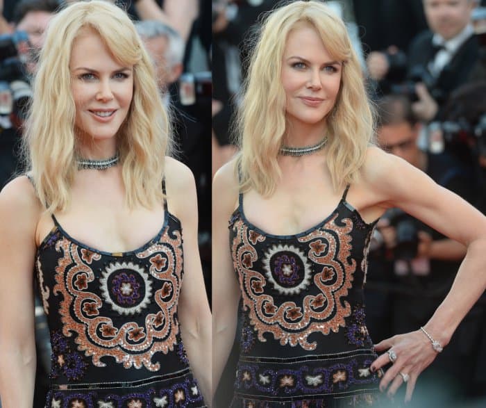 Nicole Kidman wearing an Armani Prive dress and black strappy heels at the 70th Cannes Film Festival Anniversary Gala