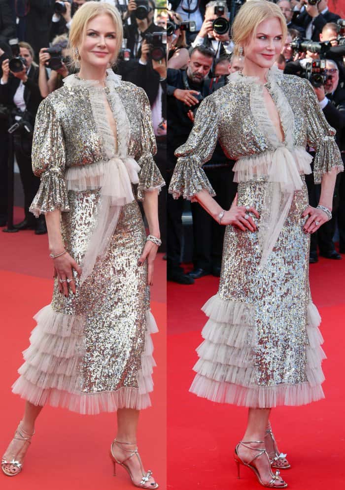 Nicole Kidman wearing a Rodarte gown and silver bow-embellished sandals at the "How to Talk to Girls at Parties" premiere during the 70th annual Cannes Film Festival