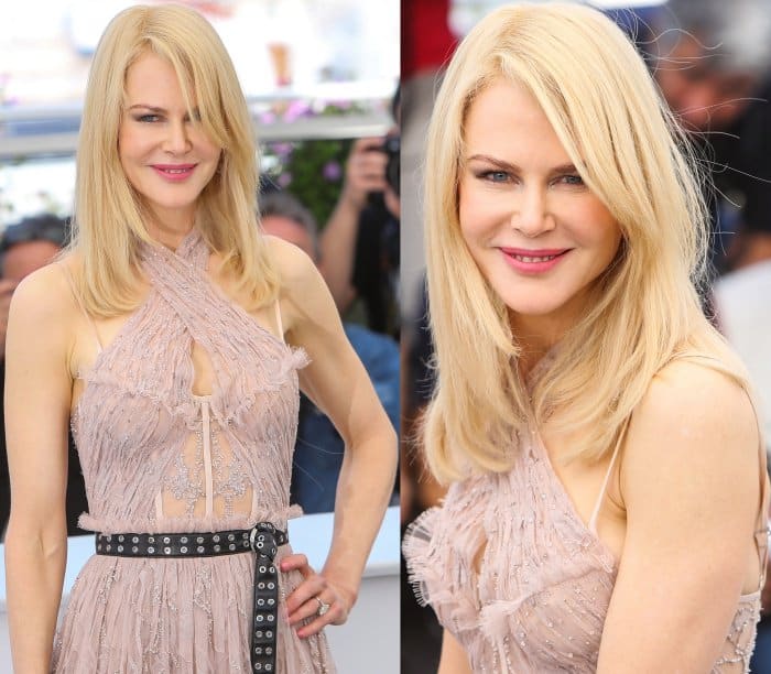Nicole Kidman wearing an Alexander McQueen dress and Christian Louboutin ankle-strap pumps at "The Beguiled" photocall during the 70th annual Cannes Film Festival