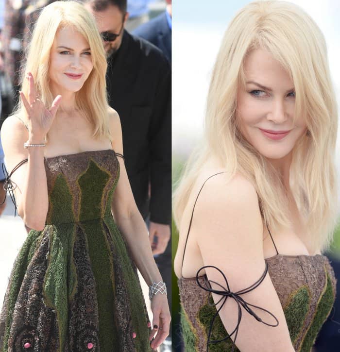 Nicole Kidman wearing a Christian Dior couture dress and Dior metallic green ankle-strap sandals at "The Killing of a Sacred Deer" photocall during the 70th annual Cannes Film Festival