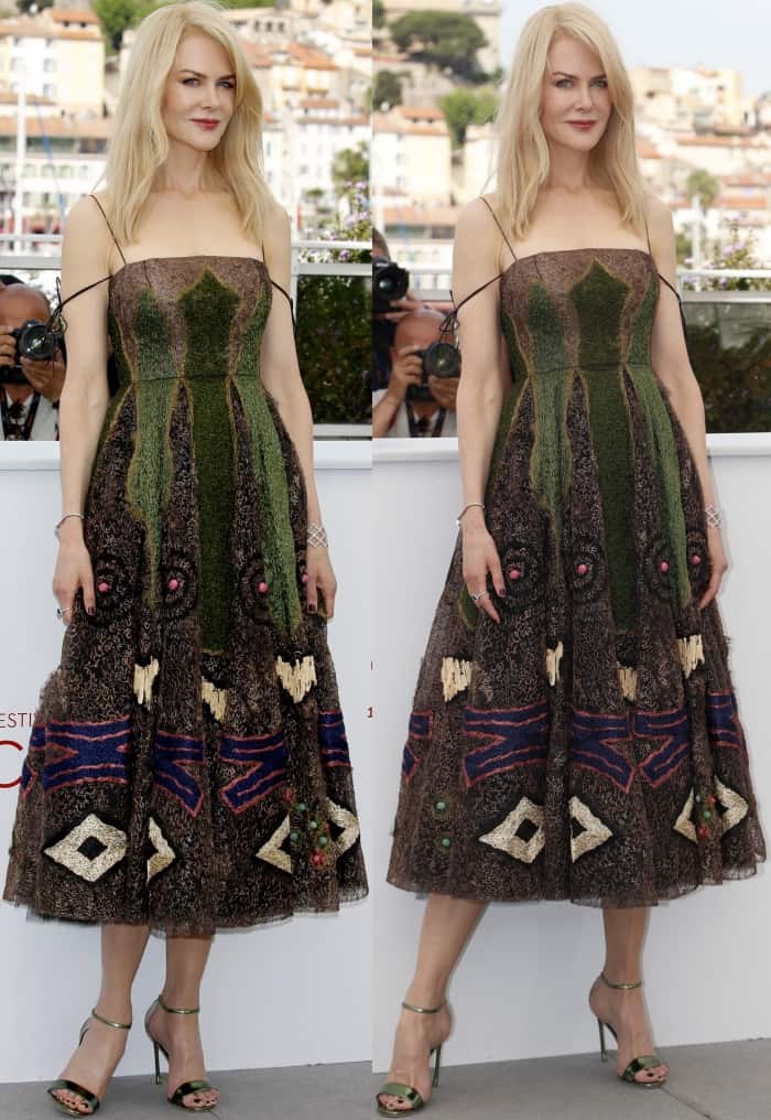Nicole Kidman wearing a Christian Dior couture dress and Dior metallic green ankle-strap sandals at "The Killing of a Sacred Deer" photocall during the 70th annual Cannes Film Festival