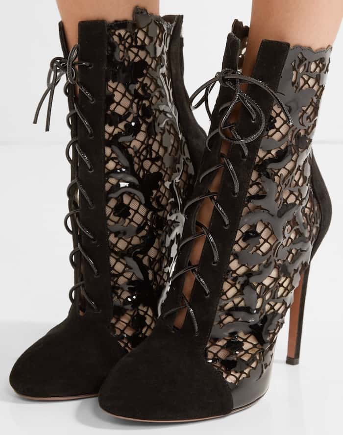Alaïa laser-cut suede and patent-leather ankle boots