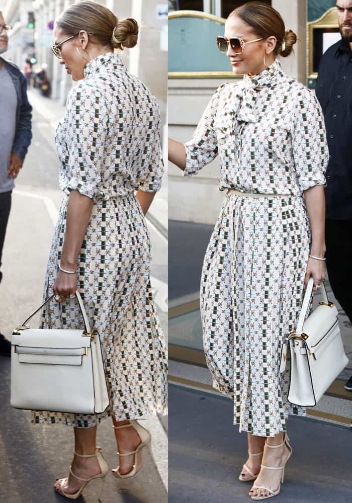 J.Lo steps out in a monogram Gucci dress for a romantic lunch
