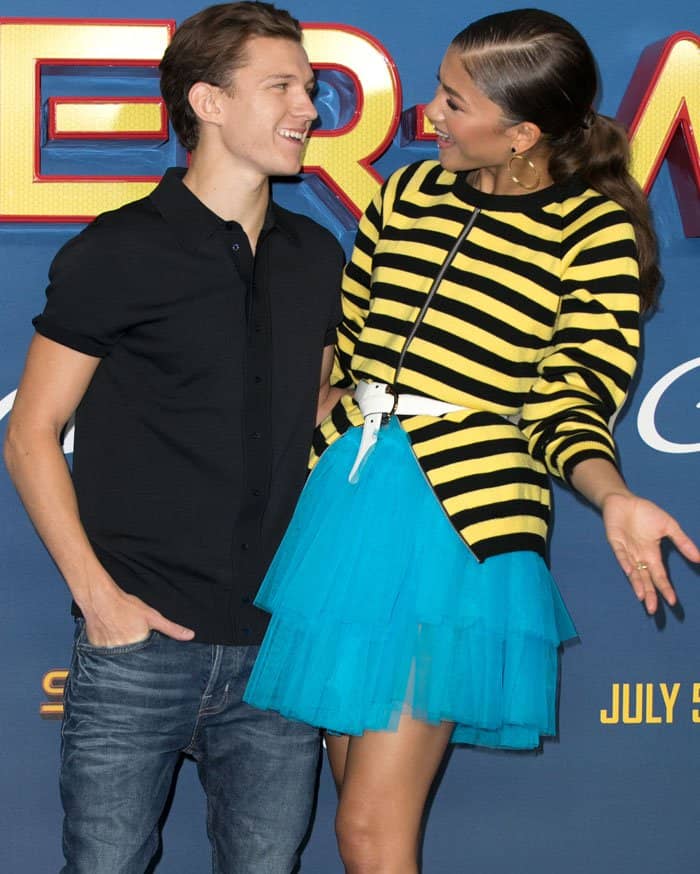 Zendaya poses with her co-star Tom Holland