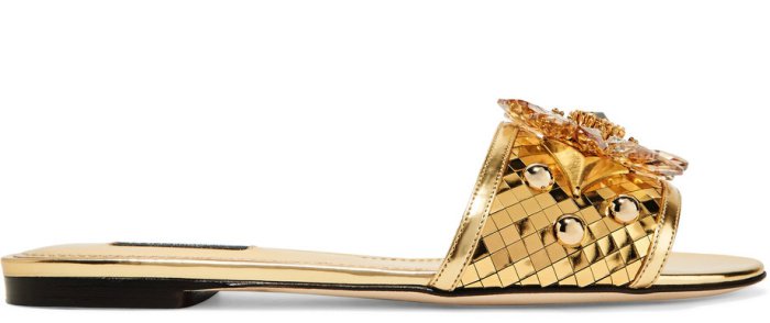Dolce & Gabbana Crystal-Embellished Metallic Leather Slides