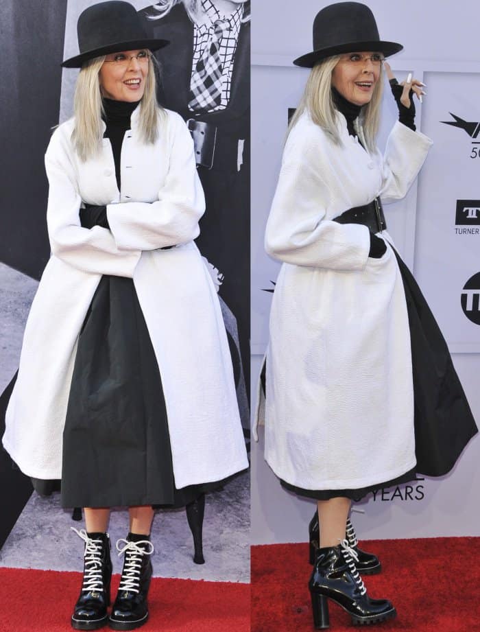 Diane Keaton wearing a monochromatic ensemble styled with Louis Vuitton "Star Trail" ankle boots at the 45th American Film Institute Life Achievement Award Gala Tribute