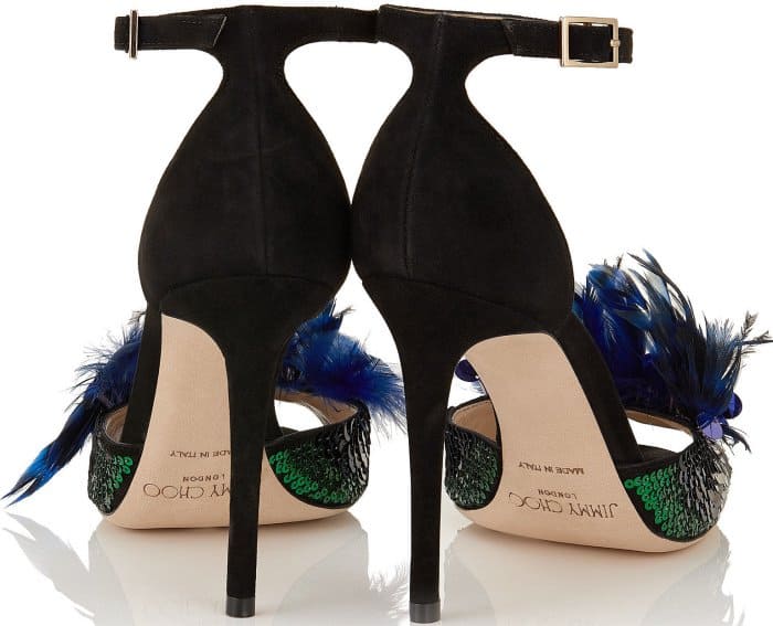 Jimmy Choo “Annie” black suede and blue mix feather embroidery peep-toe sandals