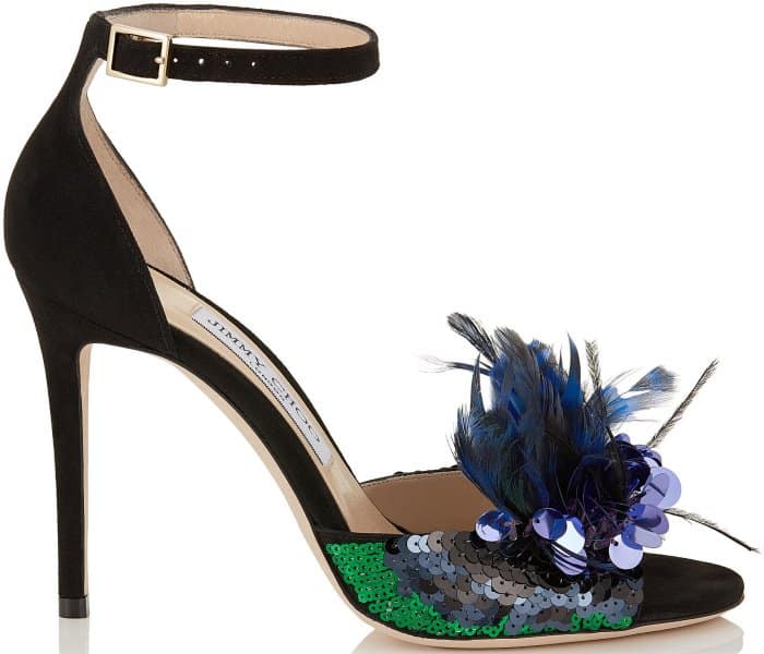 Jimmy Choo “Annie” black suede and blue mix feather embroidery peep-toe sandals