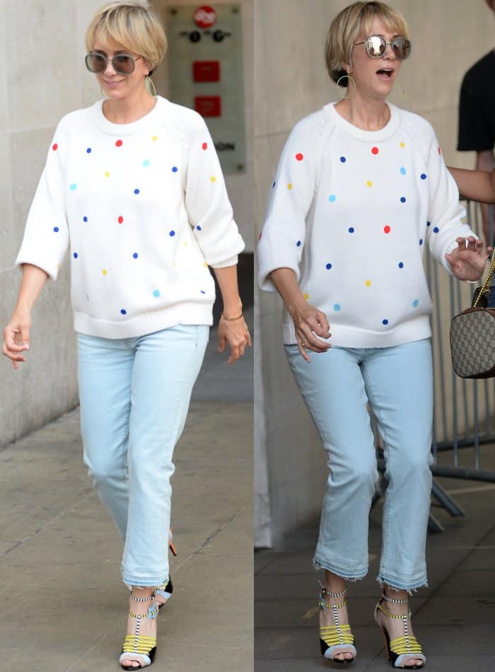 Kristen Wiig wearing a Tory Sport sweater, cropped blue jeans, and Pierre Hardy "Alchimia" sandals at the BBC Radio 1 studios
