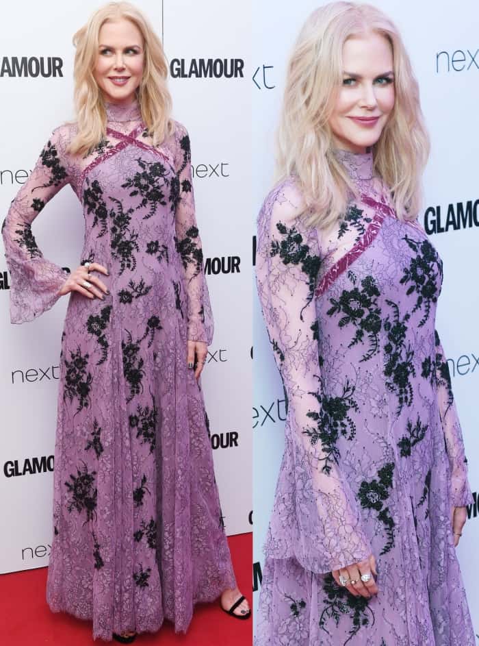 Nicole Kidman wearing an Erdem dress with black ankle-strap heels at the 2017 Glamour Women of the Year Awards
