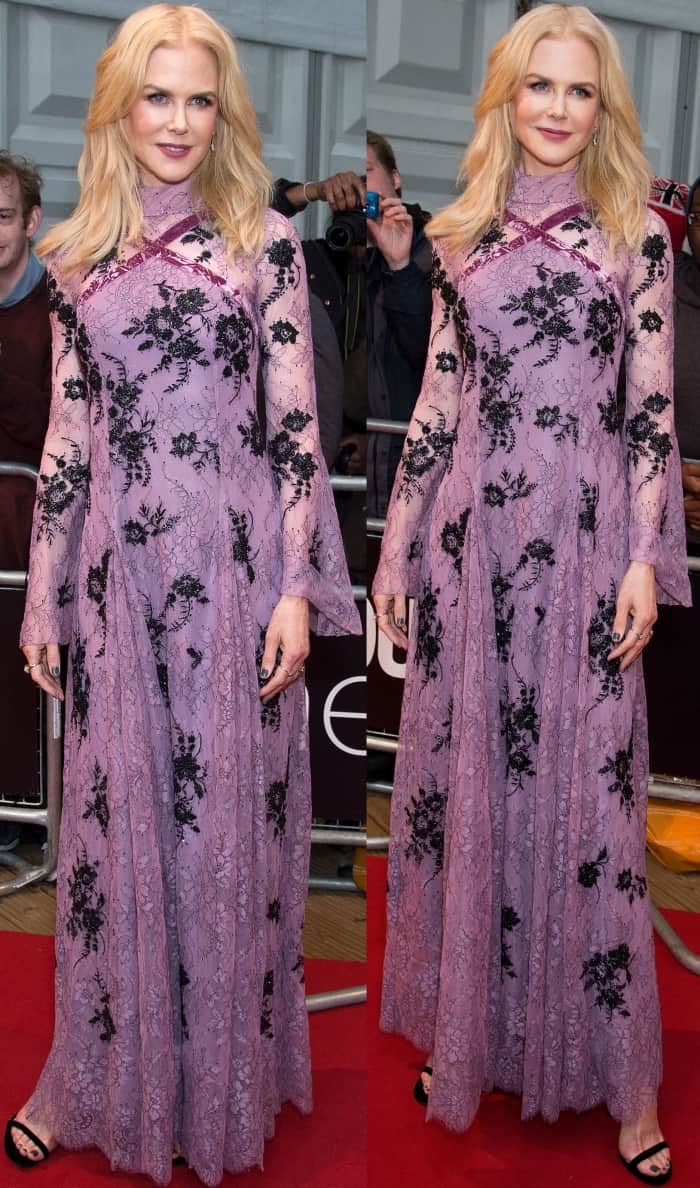 Nicole Kidman wearing an Erdem dress with black ankle-strap heels at the 2017 Glamour Women of the Year Awards