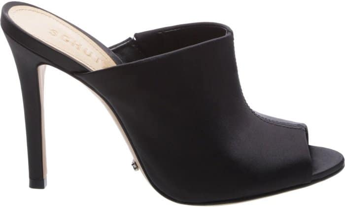 Schutz “Desiree” high heel satin peep-toe mules in black