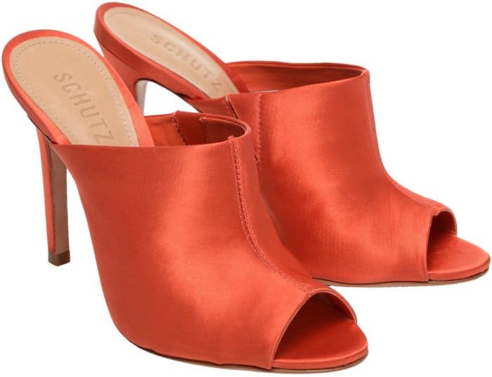 Schutz “Desiree” high heel satin peep-toe mules in orange