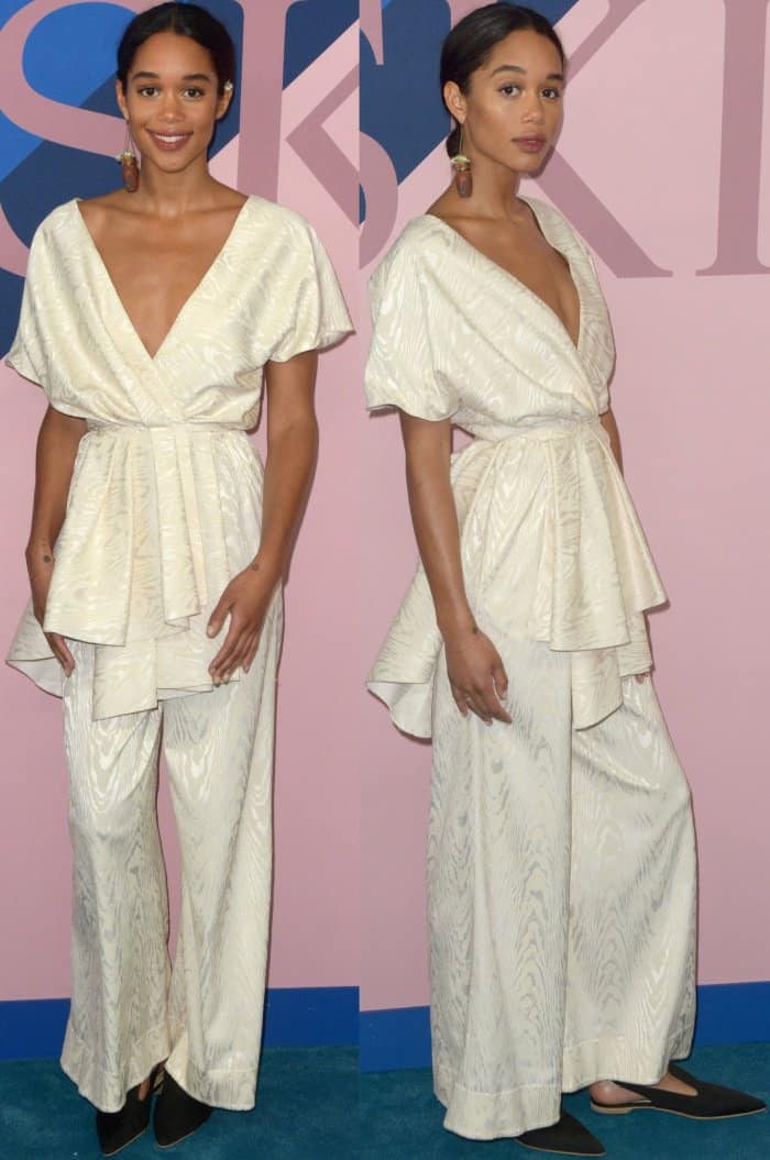 Laura Harrier wearing a white Rosie Assoulin Fall 2017 ensemble and black pointy-toe shoes at the 2017 CFDA Fashion Awards