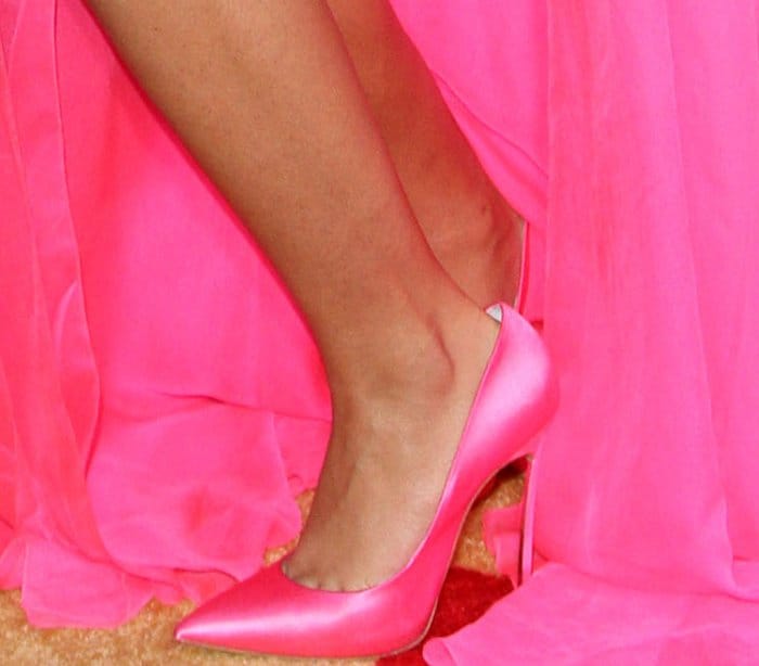Zendaya in a pink Ralph & Russo Couture gown and pink Casadei "Blade" satin pumps at the "Spider-Man: Homecoming" LA premiere