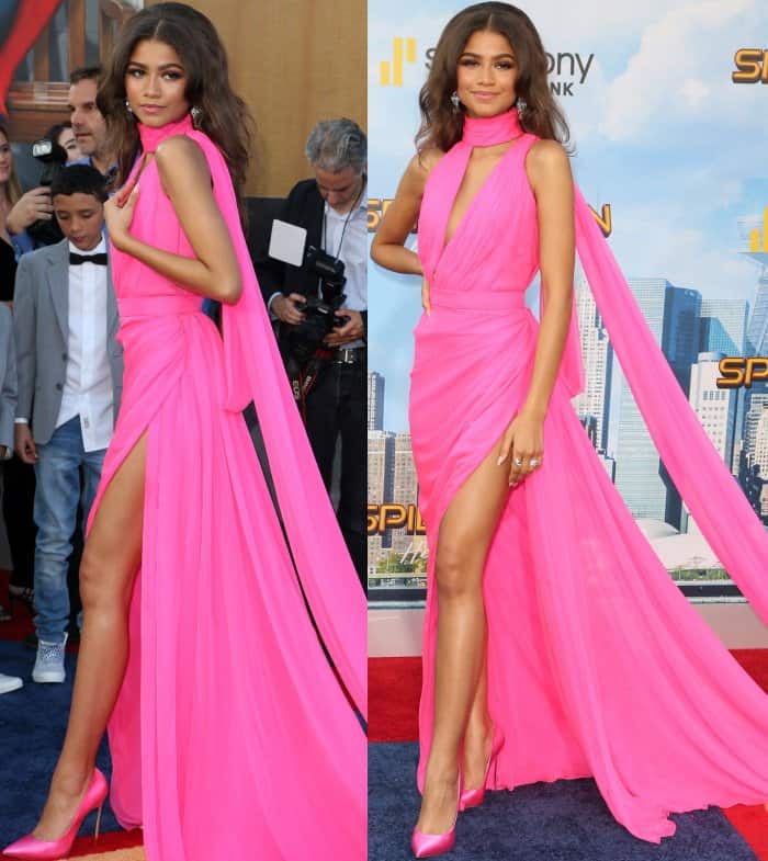 Zendaya in a pink Ralph & Russo Couture gown and pink Casadei "Blade" satin pumps at the "Spider-Man: Homecoming" LA premiere