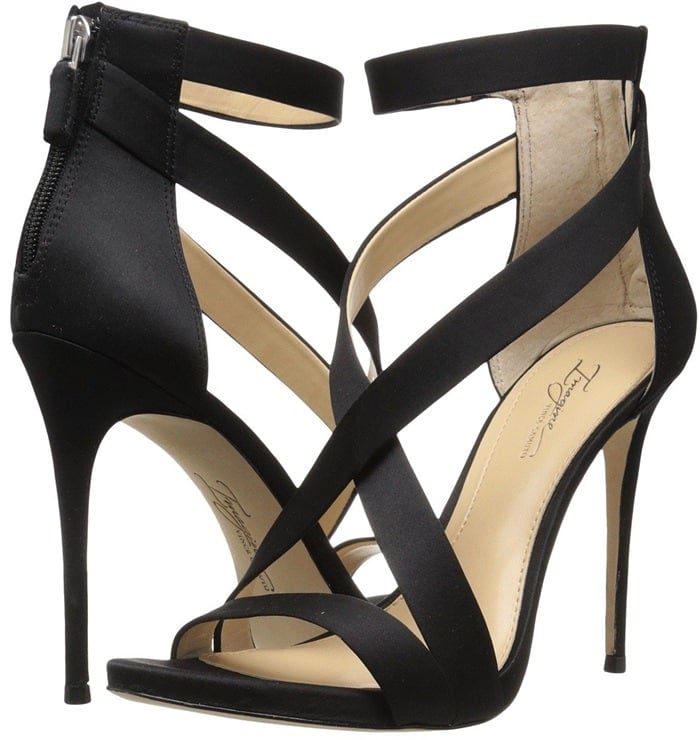 A toe and stretchy ankle strap add security to the sexy svelte heel