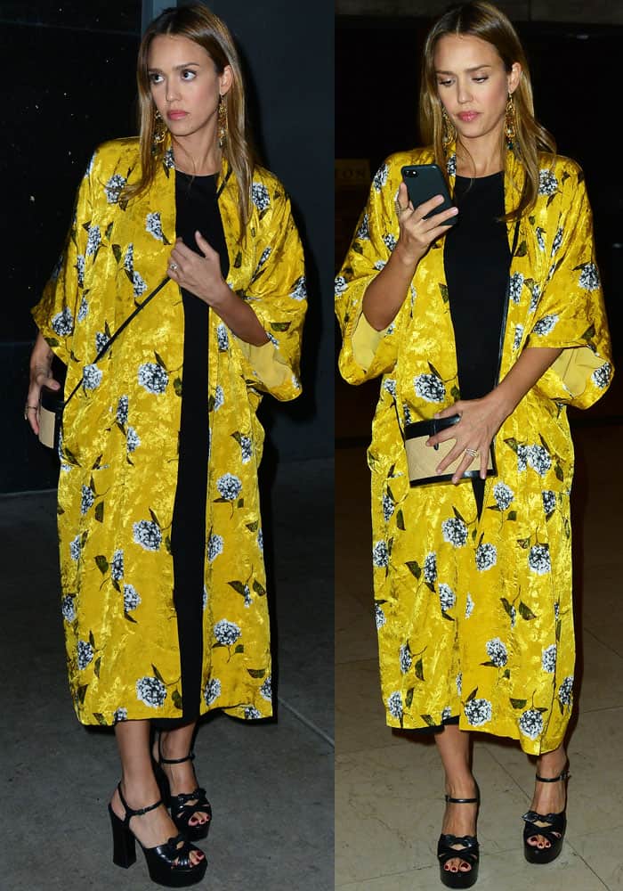 Jessica emerged from the theater in a bright floral kimono from Topshop