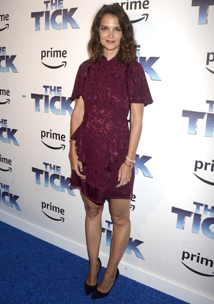 Katie Holmes hit the blue carpet in a ruffle floral silk jacquard dress for ‘The Tick’ Blue Carpet premiere in New York City on August 17, 2017