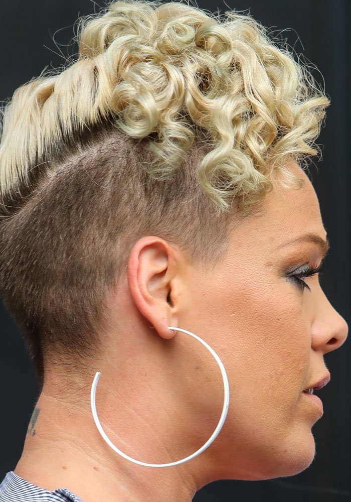Pink showed off her unique do with a pair of white hoop earrings