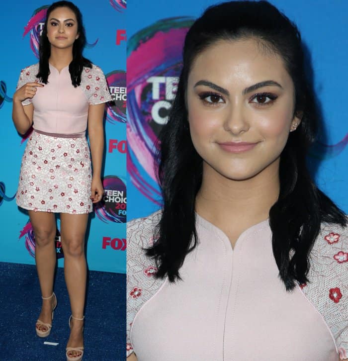 Camila Mendes wearing a Longchamp Spring 2017 look with Stuart Weitzman "Bebare" sandals at the 2017 Teen Choice Awards
