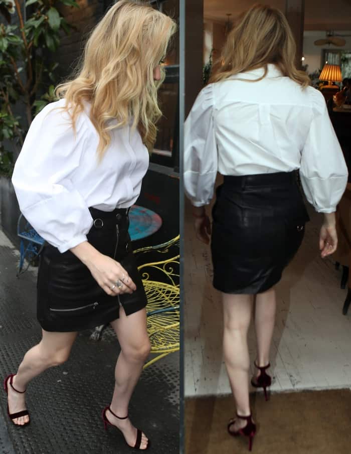 Ellie Goulding wearing an Alexander McQueen blouse, Isabel Marant skirt, and Saint Laurent sandals while out and about in London