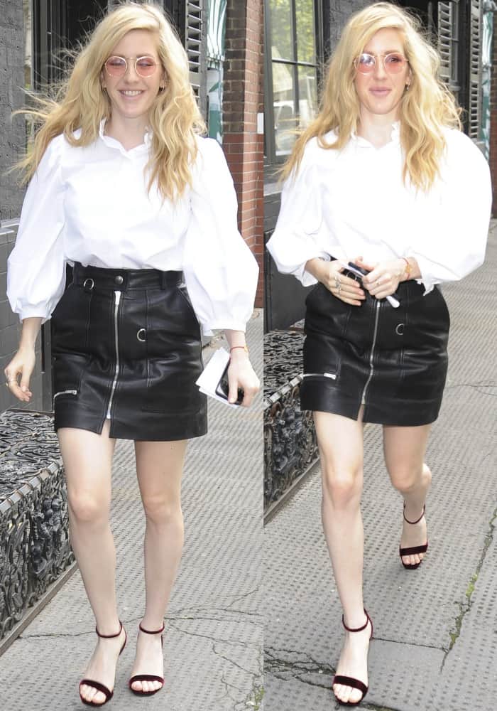 Ellie Goulding wearing an Alexander McQueen blouse, Isabel Marant skirt, and Saint Laurent sandals while out and about in London