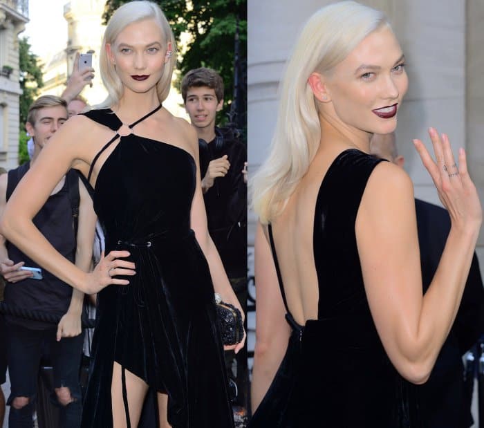 Karlie Kloss wearing a Thierry Mugler one-shoulder velvet high-low gown at the Vogue Paris Foundation dinner