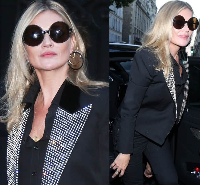 Kate Moss wearing a Saint Laurent by Anthony Vaccarello blazer, black top, and black denim pants at the Vogue Paris Foundation dinner