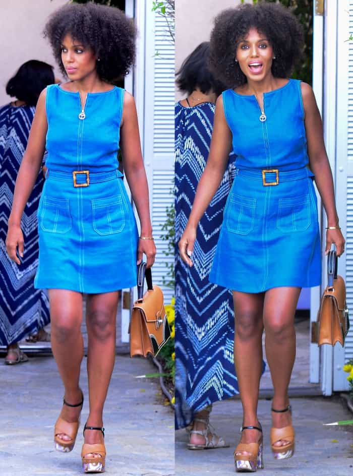 Kerry Washington wearing a Tory Burch dress and Prada platform sandals at Jennifer Klein's 19th Annual Day of Indulgence Party