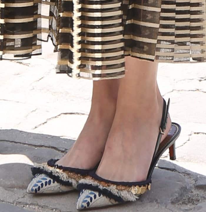 Olivia Palermo wearing fringe-embellished slingback shoes at the Christian Dior Fall/Winter 2017 show during Paris Haute Couture Fashion Week