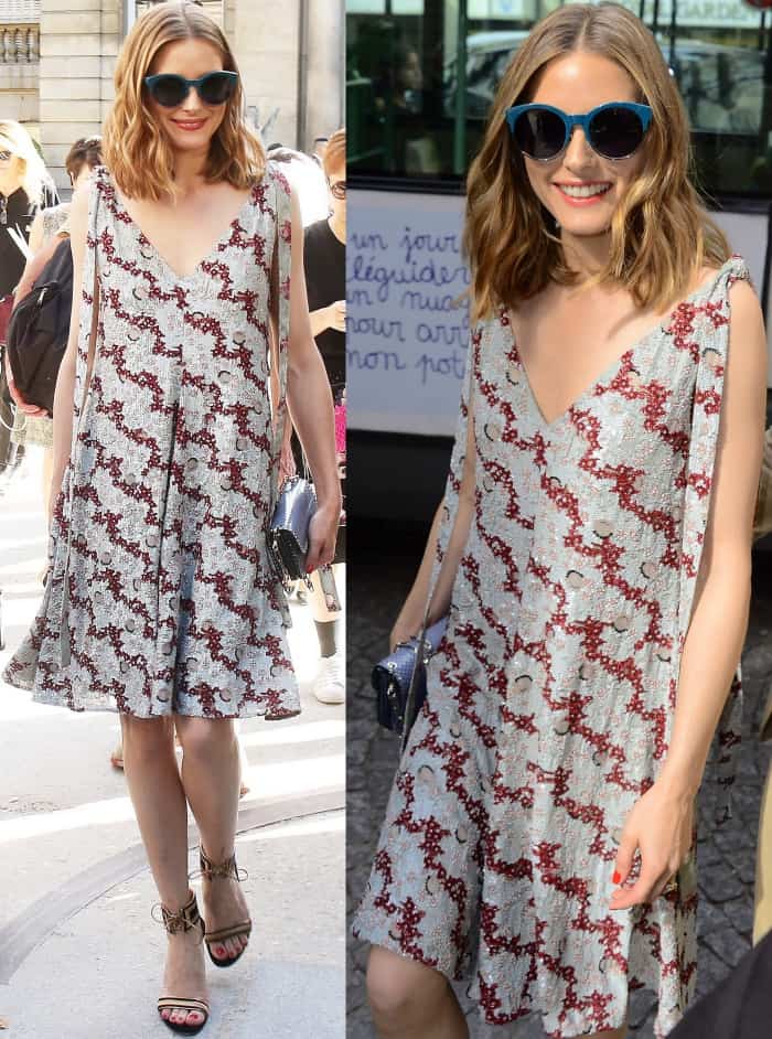 Olivia Palermo wearing a Valentino printed dress and Gianvito Rossi "Augusta" sandals at the Valentino Fall/Winter 2017 show during Paris Haute Couture Fashion Week