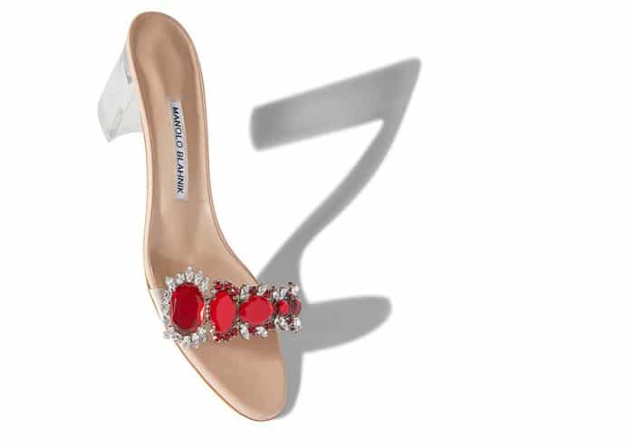 Rihanna x Manolo Blahnik “Spice” red crystal and PVC detail mid-heel mules