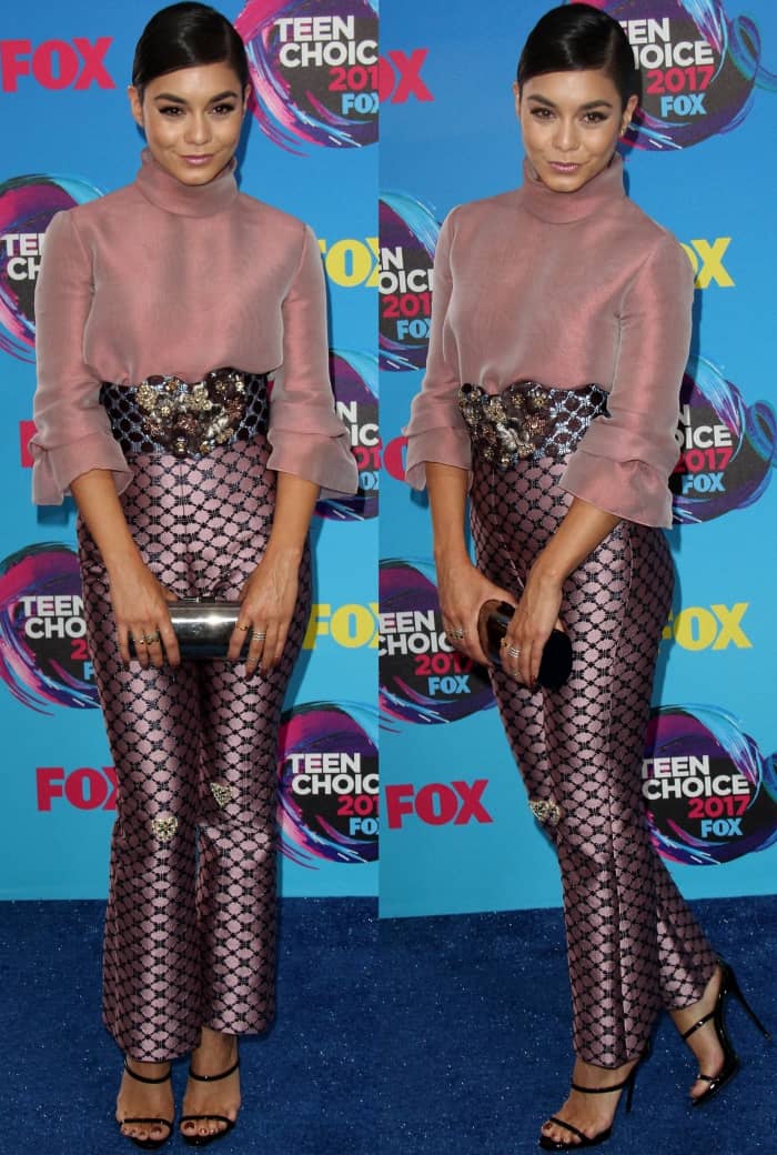 Vanessa Hudgens wearing a Reem Acra Fall 2017 ensemble with Giuseppe Zanotti "Harmony" sandals at the 2017 Teen Choice Awards