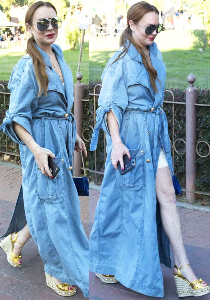 Lindsay looked stylish in a long wrap denim dress