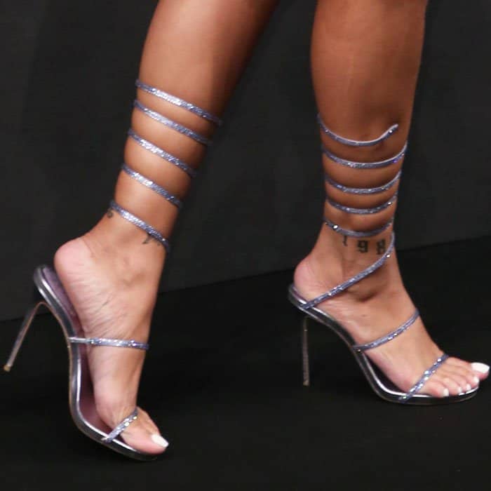 The Barbadian beauty added a fairy-like touch to her outfit with a pair of Rene Caovilla "Snake" sandals