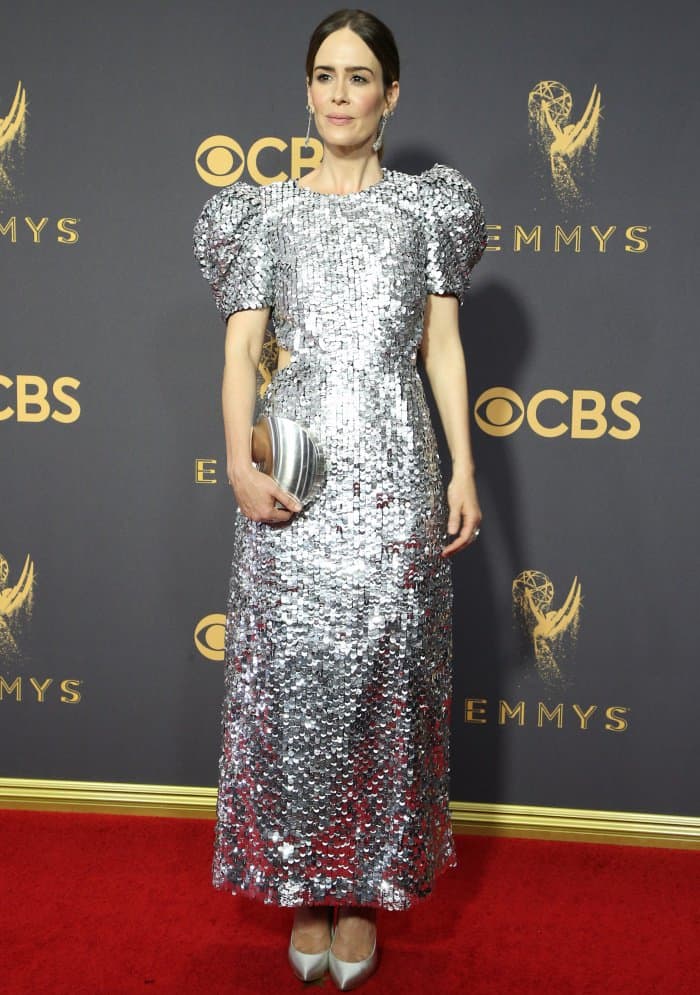 Sarah Paulson sparkled in a silver, sequined Carolina Herrera creation straight from the New York Fashion Week runway