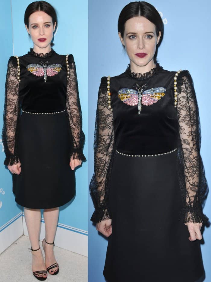 Claire Foy wearing a black Gucci dress and black ankle-strap sandals at Variety and Women in Film's 2017 Pre-Emmy party