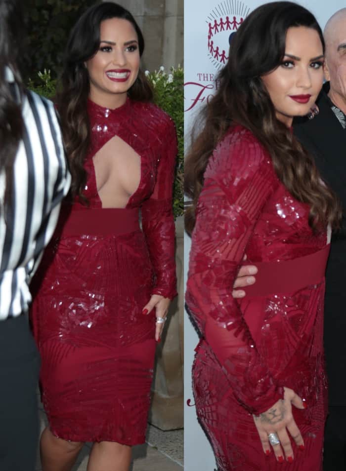 Demi Lovato wearing a red Bibhu Mohapatra Fall 2017 dress at the Brent Shapiro Foundation for Alcohol and Drug Prevention 2017 Summer Spectacular