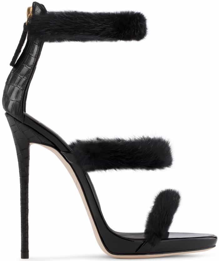 Giuseppe Zanotti "Harmony Winter" black patent leather sandals with mink fur
