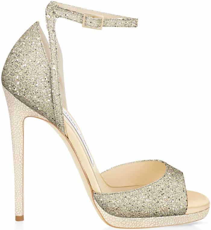 Jimmy Choo "Pearl" sandals in champagne glitter fabric
