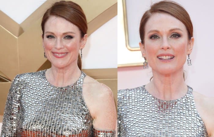 Julianne Moore wearing a silver Tom Ford dress at the "Kingsman: The Golden Circle" world premiere