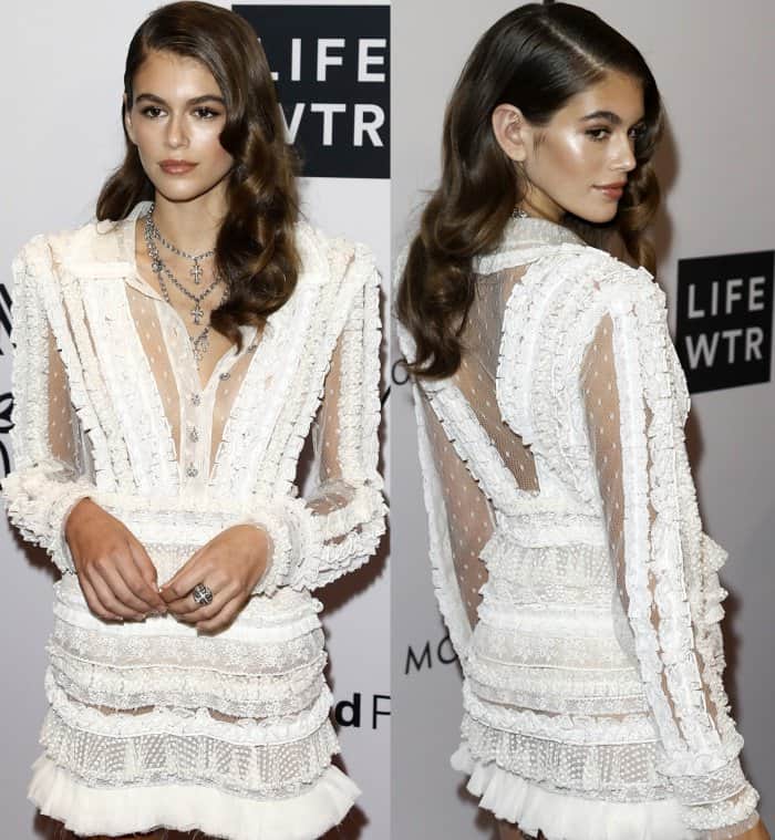 Kaia Gerber wearing a white Philosophy di Lorenzo Serafini Swiss dot tulle dress at the Daily Front Row's Fashion Media Awards