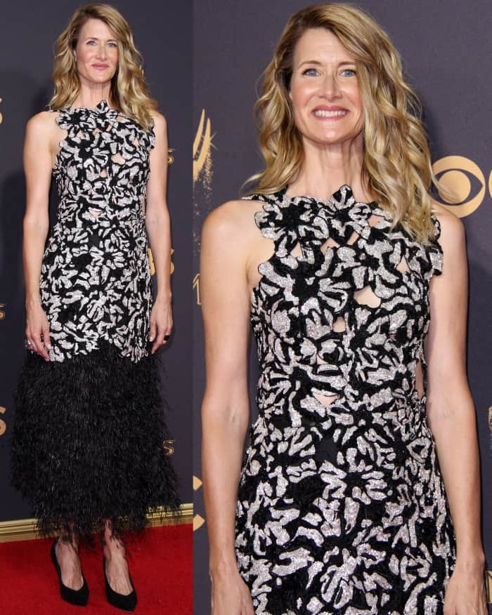 Laura Dern wearing a Proenza Schouler Spring 2018 dress and black pointy-toe pumps at the 69th Emmy Awards