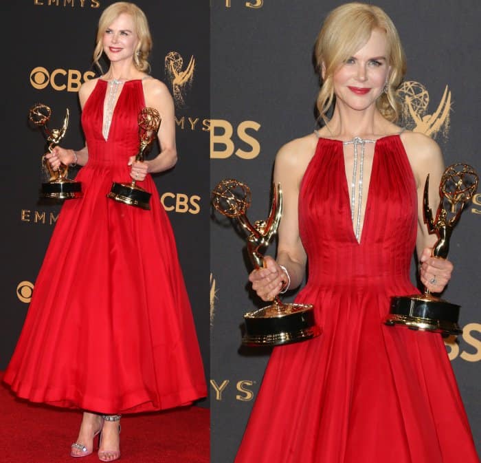 Nicole Kidman showing off her Emmy awards at the 69th Emmy Awards press room