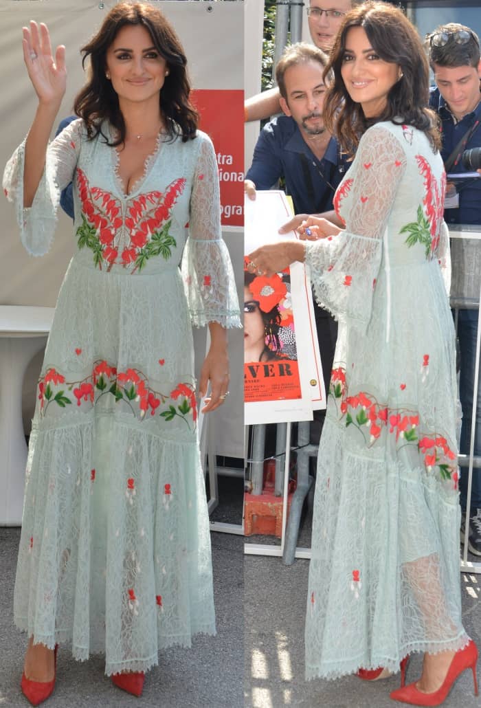 Penelope Cruz wearing a Temperley London Resort 2018 dress and Sergio Rossi pointy-toe pumps at the "Loving Pablo" photocall during the 74th Venice Film Festival
